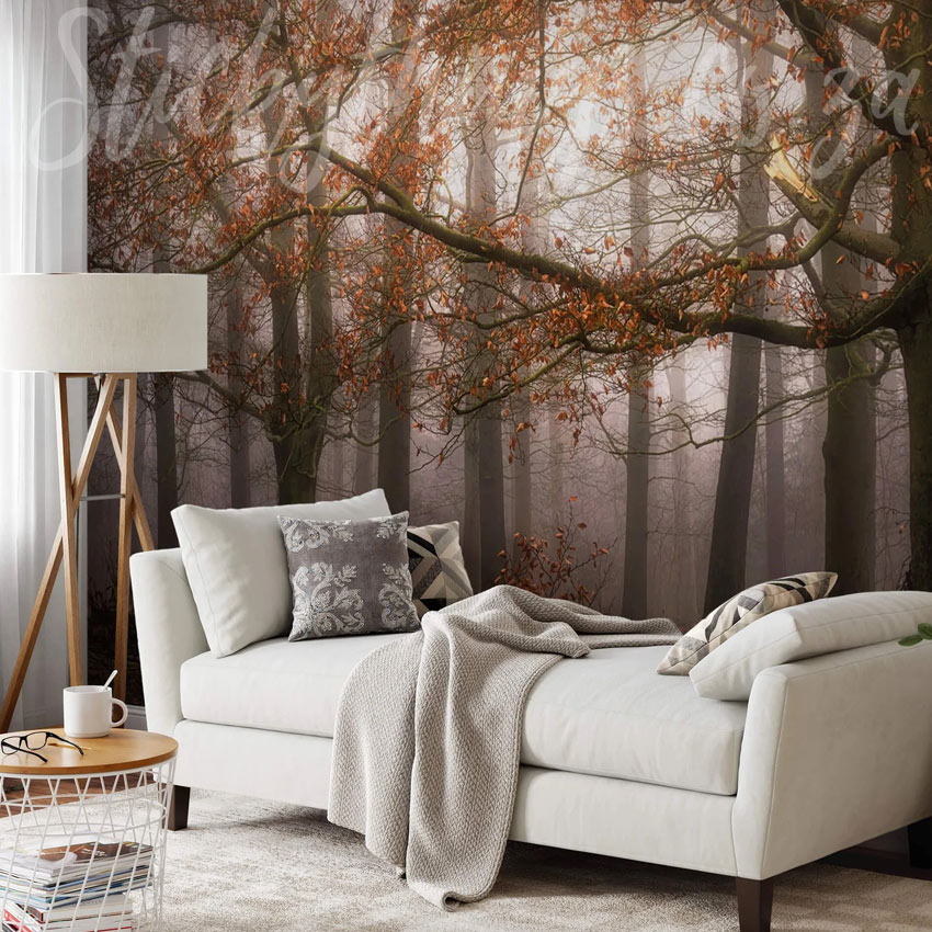 Misty Autumn Forest Wall Mural - Sepia Shade Trees Wallpaper Mural