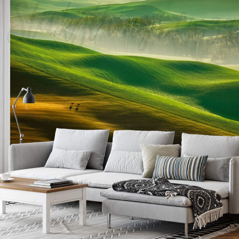 Lush Green Mountains Wall Mural on a living room wall