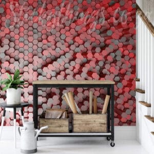 3D Hexagons Wall Mural in red colour