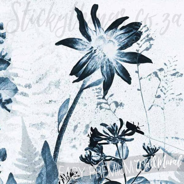 Blue Pressed Flowers Mural - Modern Stylized Florals Wall Mural - Image 2