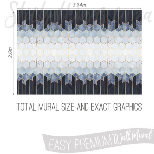 Modern Hexagons Wall Mural - Faux Gold and Blue Geo Wallpaper Mural - Image 3