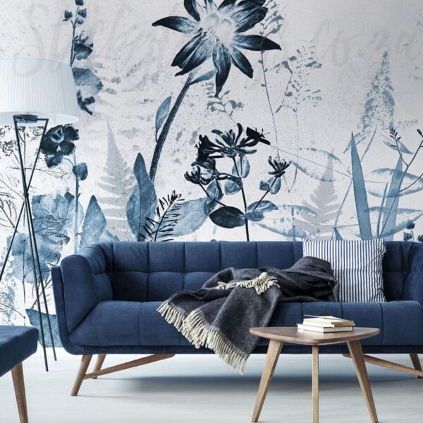 Blue Pressed Flowers Mural