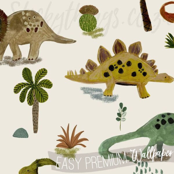 Cream Dinosaur And Friends Wallpaper - Kids Prehistoric Wallpaper - Image 4