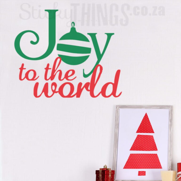 Christmas wall art sticker in red with words joy to the world above in green and red
