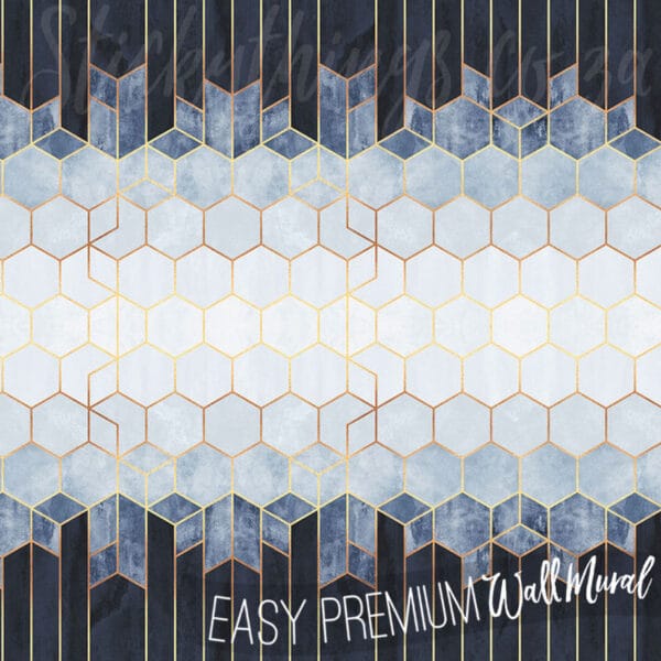 Modern Hexagons Wall Mural - Faux Gold and Blue Geo Wallpaper Mural - Image 2