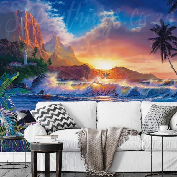 Colourful mural of ocean front with mountains and sunset behind - Hanna's gate wall mural