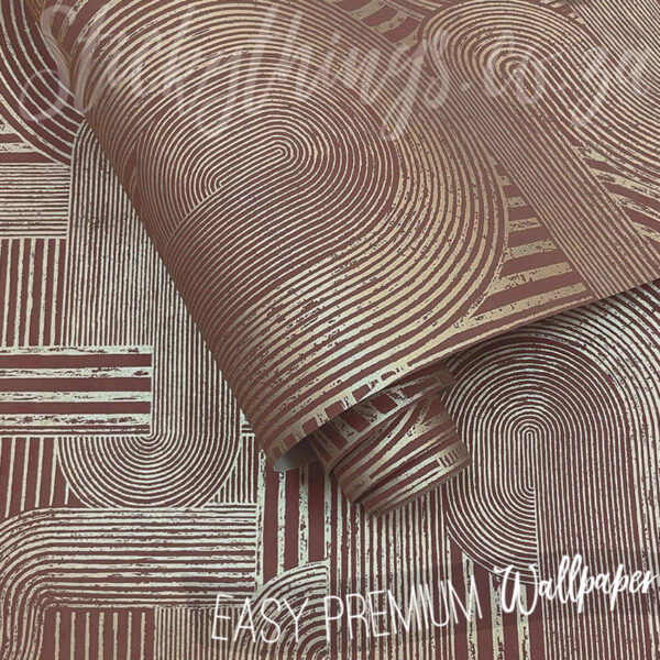Maroon Geometric Gold Wallpaper – Metallic PVC Free Wallpaper - Image 4