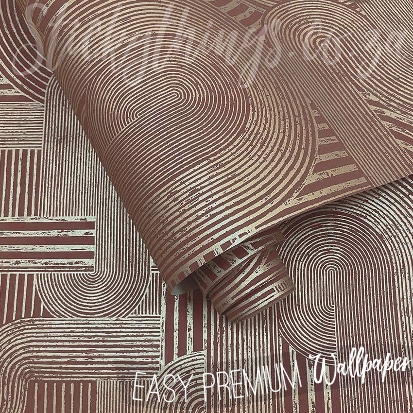 Maroon Geometric Gold Wallpaper – Metallic PVC Free Wallpaper - Image 4