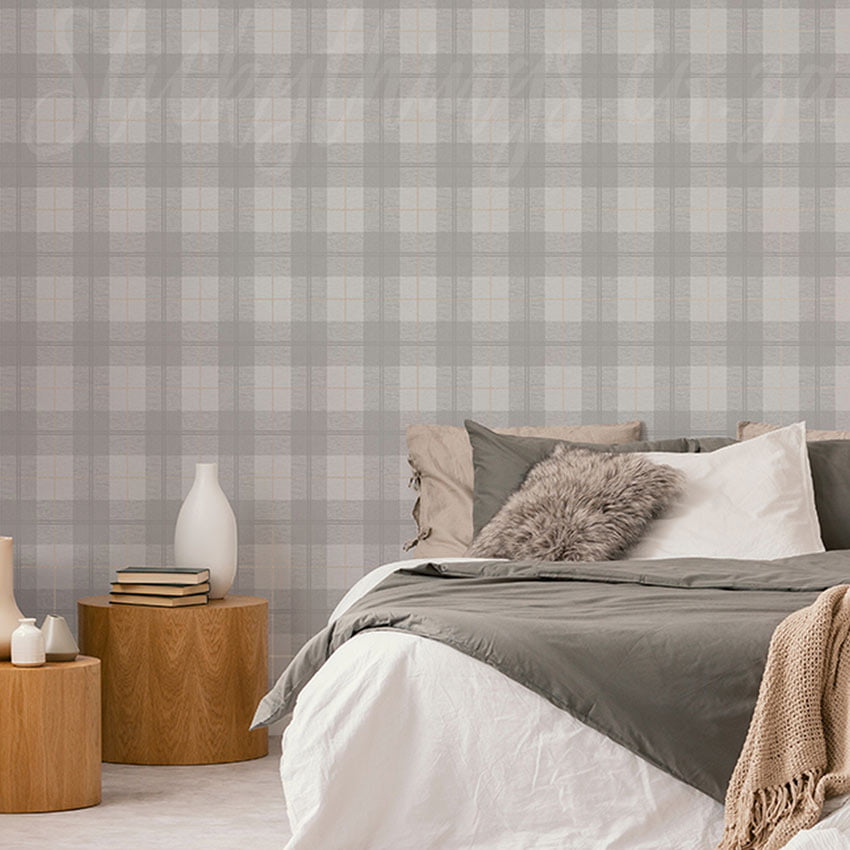 Light Grey Plaid Wallpaper Metallic Stripe Textured Tartan Wallpaper