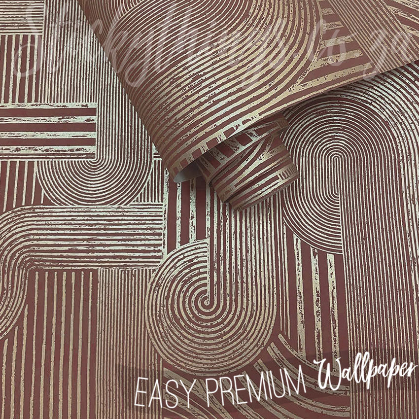 Maroon Geometric Gold Wallpaper – Metallic PVC Free Wallpaper - Image 2