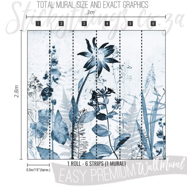Blue Pressed Flowers Mural - Modern Stylized Florals Wall Mural - Image 4