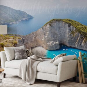 Navagio Beach Landscape Wall Mural with open sea behind a mountain