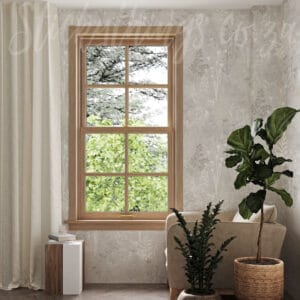 Organic Beige Floral Wallpaper set around a window with plant in front