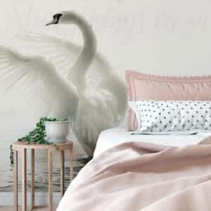 Soft White Swan Wall Mural in bedroom setting