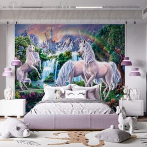 unicorn paradise wall mural in colour in bedroom setting