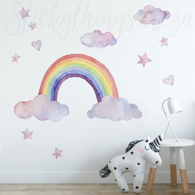 This image shows our watercolour rainbow wall decals.