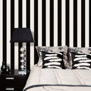 This image shows our pearl white and black striped wallpaper.