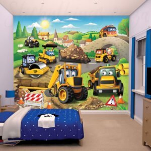 under construction wall mural in colour for boy