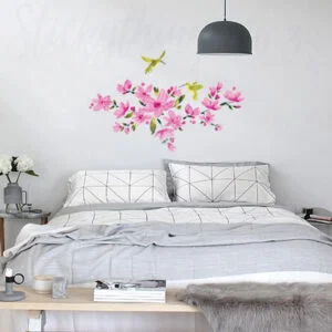 Pink Flowering Vine Wall Sticker above bed