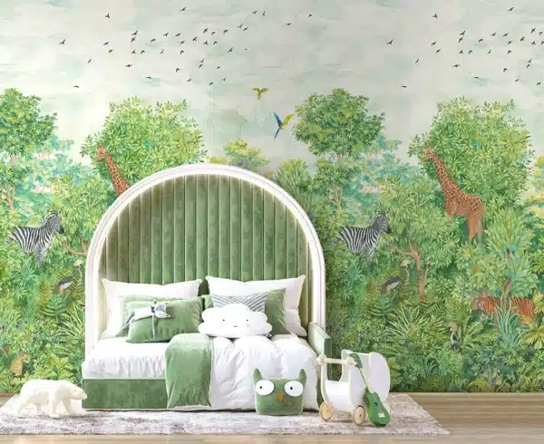Fairytale safari wallpaper mural lifestyle in bedroom setting