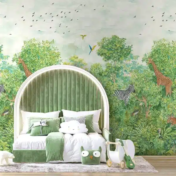 Fairytale safari wallpaper mural lifestyle in bedroom setting